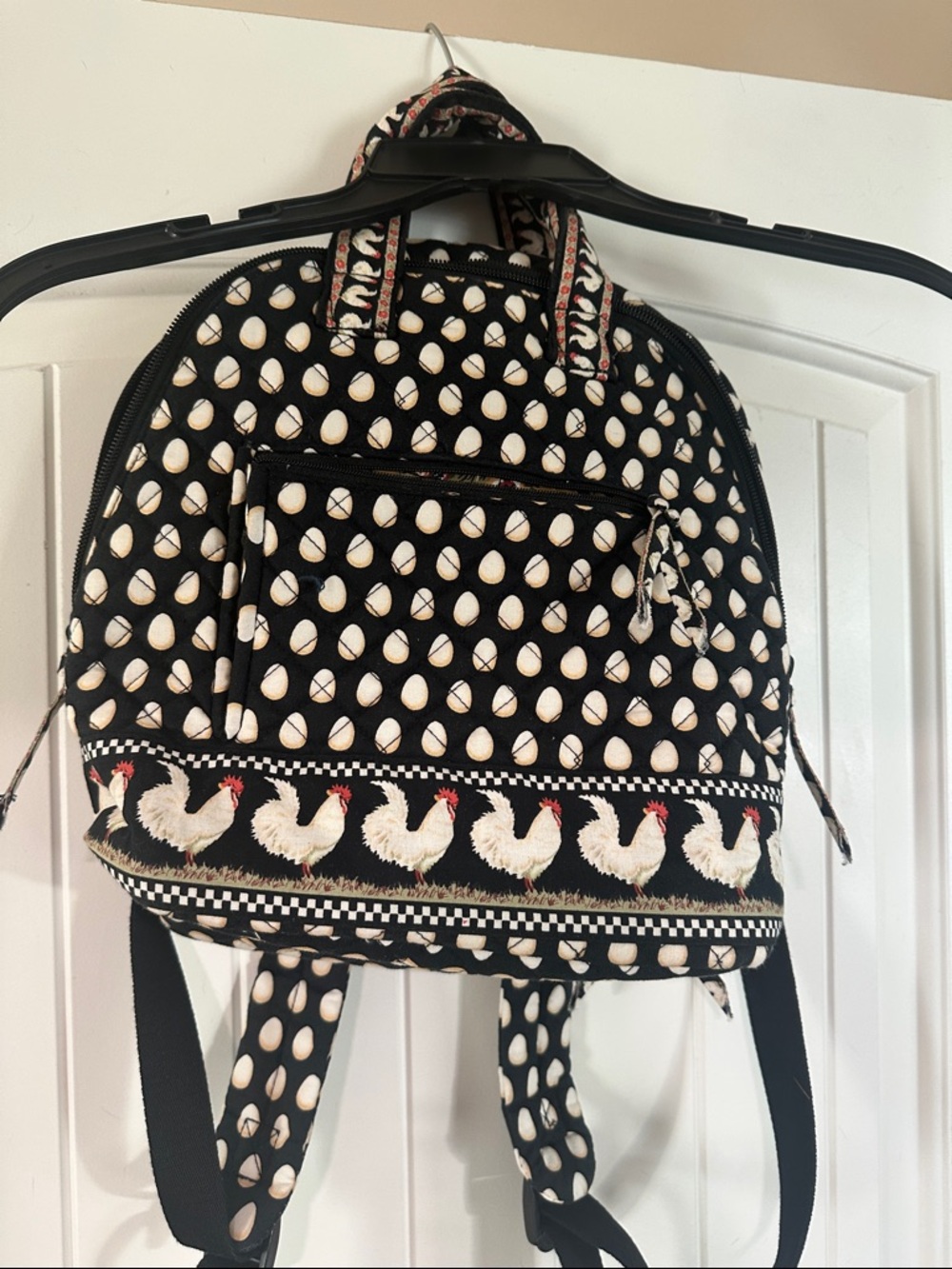 Vera Bradley Black Backpack with Cream Egg & Rooster Motif